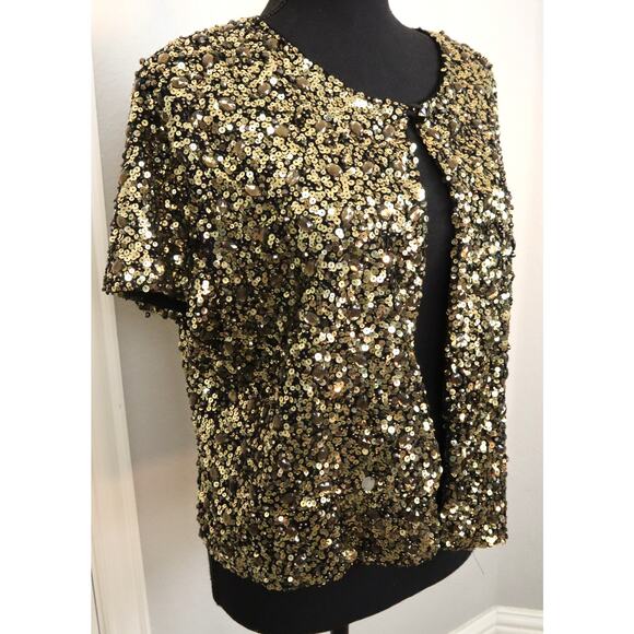 Chicos 2 Gold Sequin Rhinestone Cardigan Short Sleeve Bolero Jacket Large Party - Picture 5 of 8